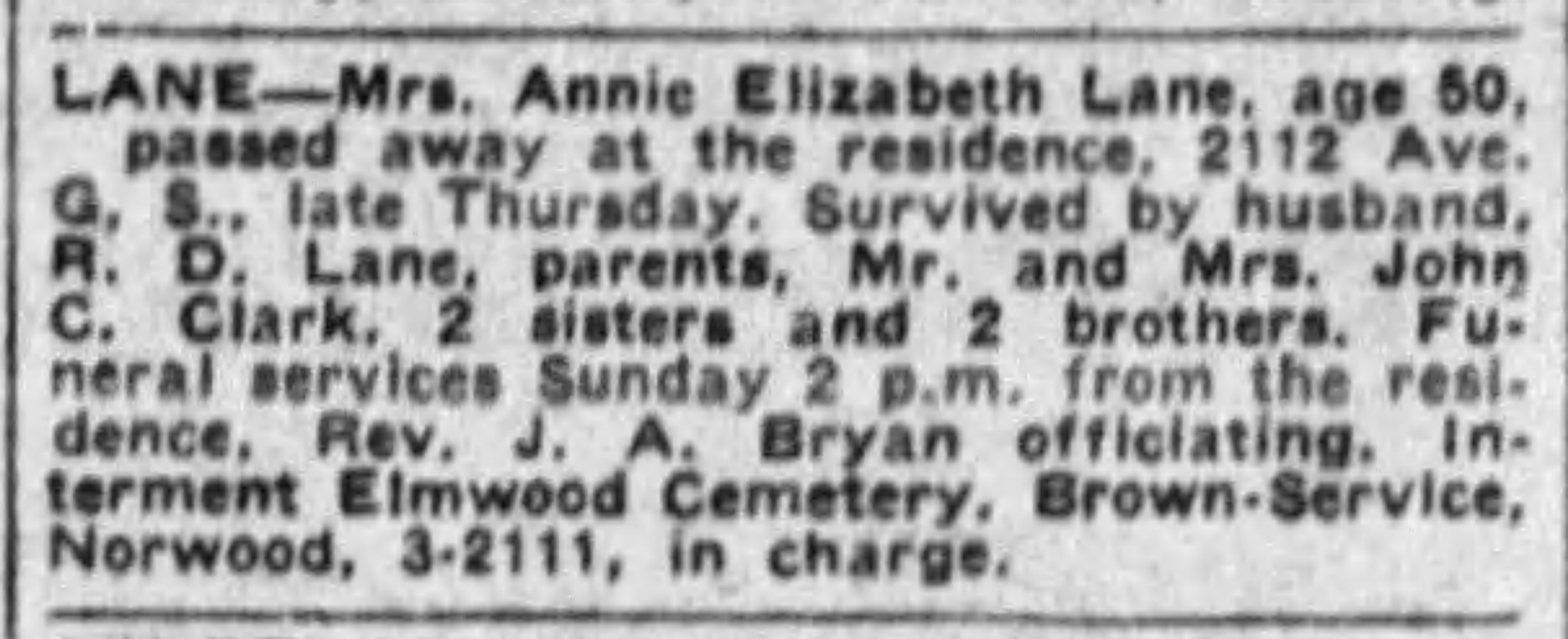 Annie Elizabeth Lane obituary